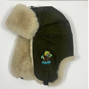 Men's Trapper Hat with Ear Flaps Olive Green with Embroidered Mushroom OS